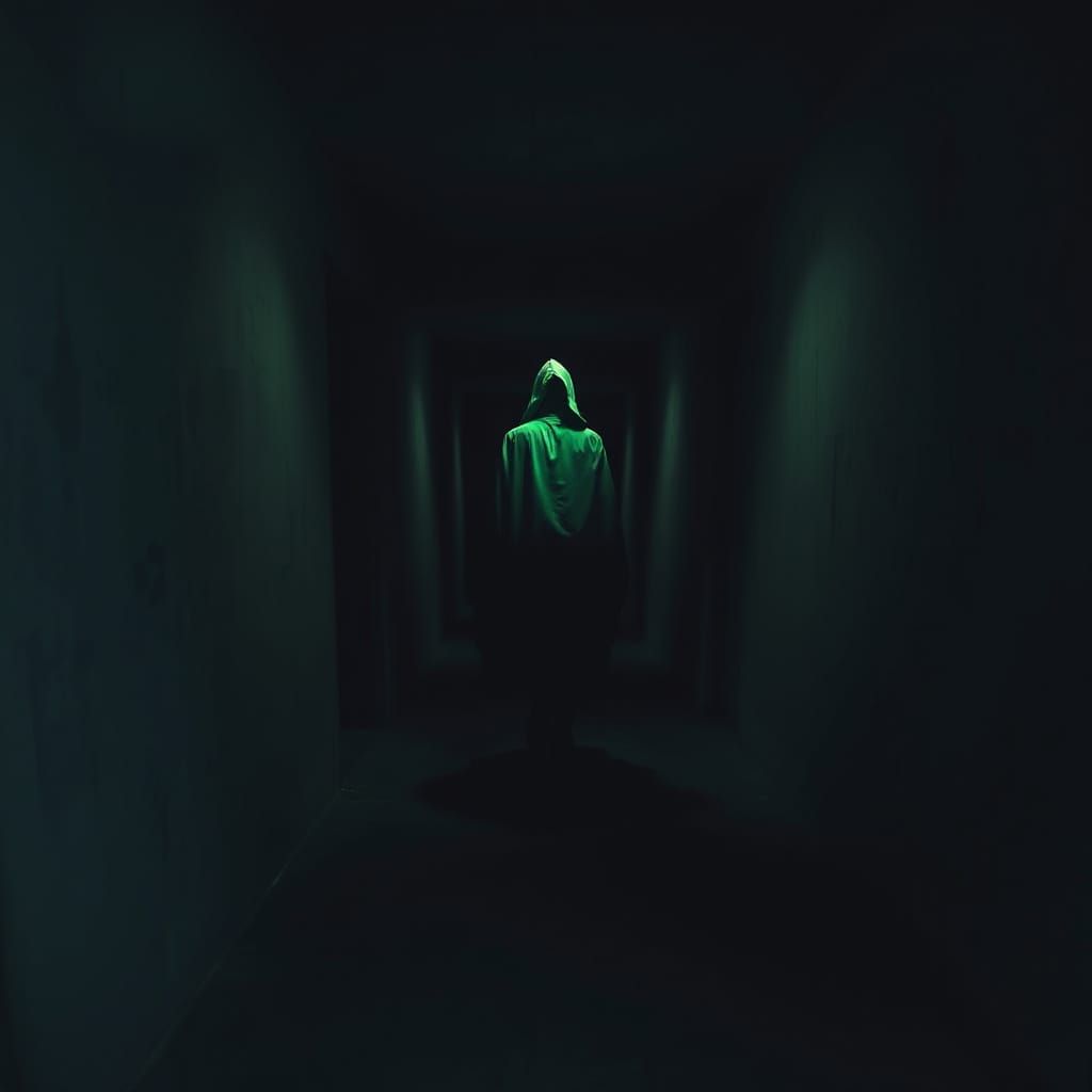 Ethereal Glowing Figure in Dark Hallway, Digital Art