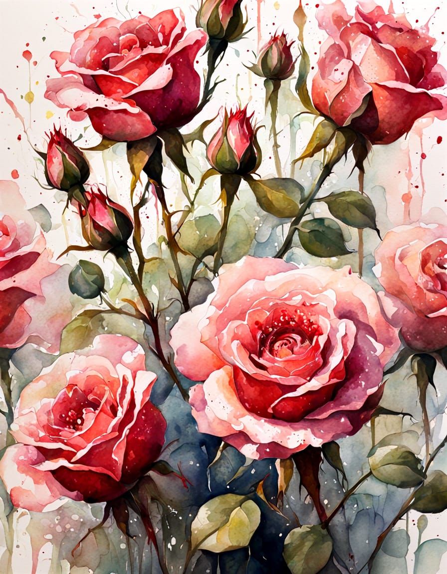 Pink Rose Bouquet Oil Painting with Red Accents