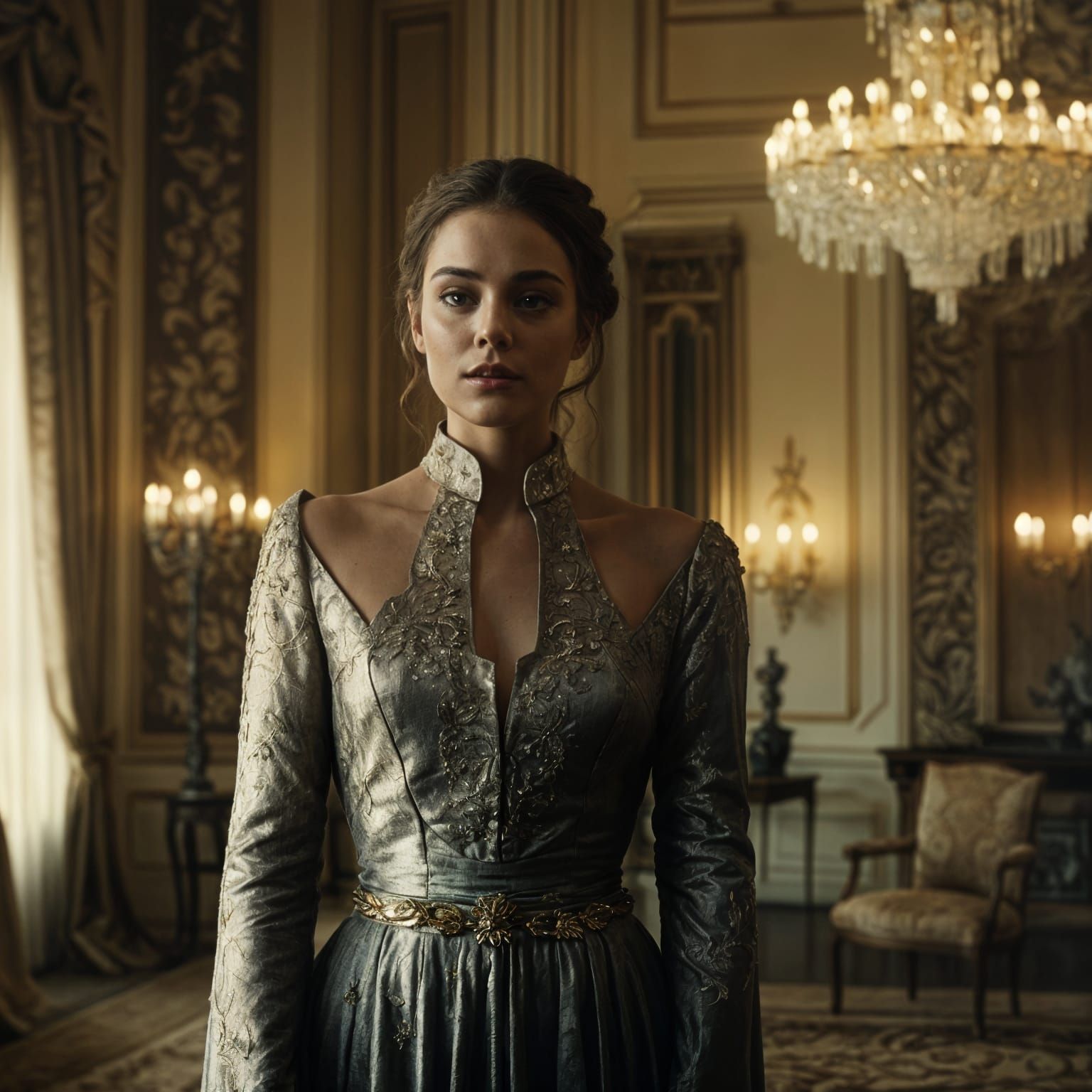 Cinematic film still. Medium shot. A beautiful young woman dressed in Game of Thrones style stands in a luxurious room. ...