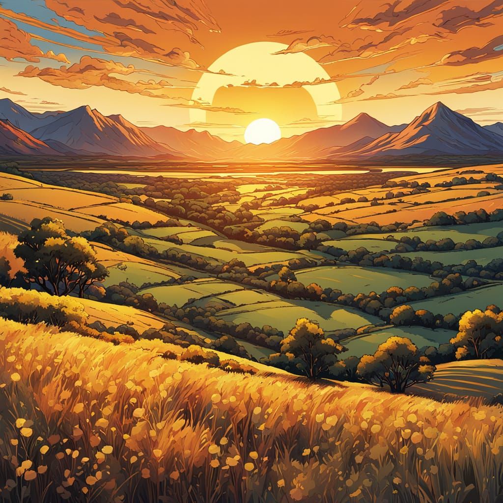 Comic Book Art Sunset Over Mountain Valley