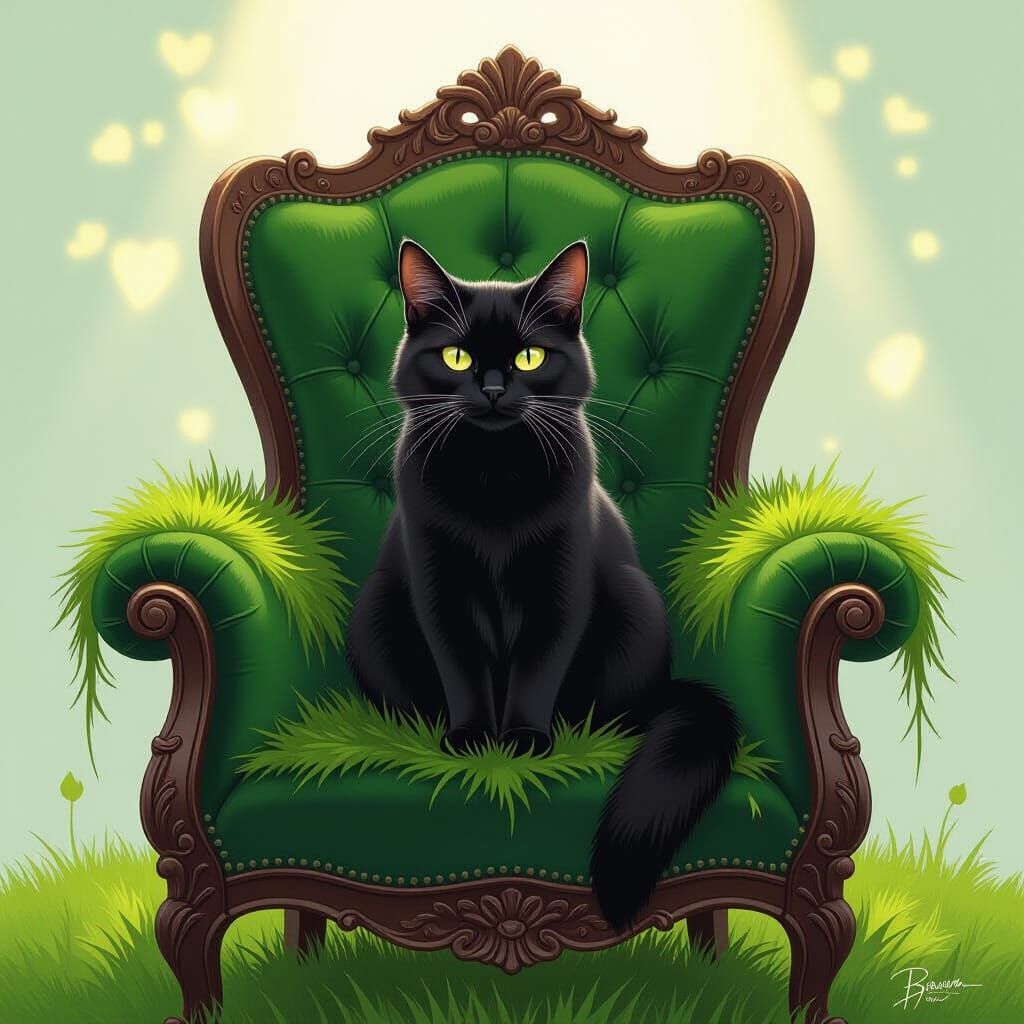 Black Cat with Gold Eyes on Velvet Chair in Lush Grass