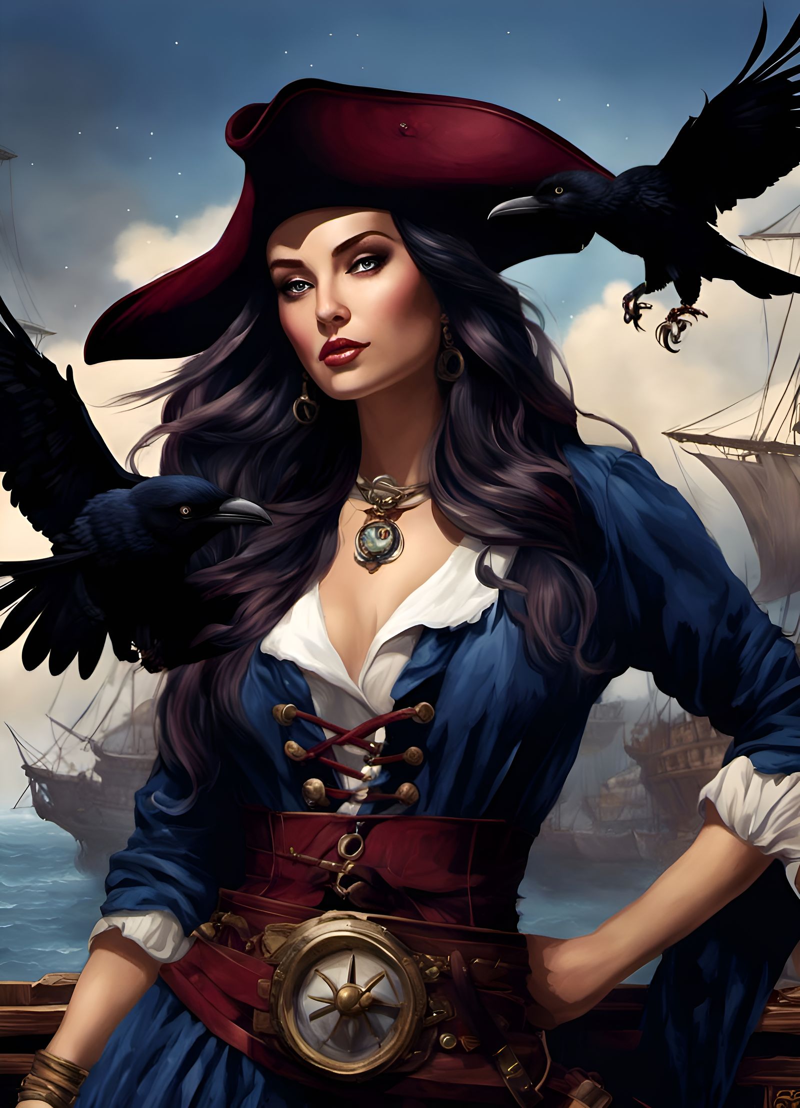 Pretty Pirate Girl with Raven: Vintage Illustration