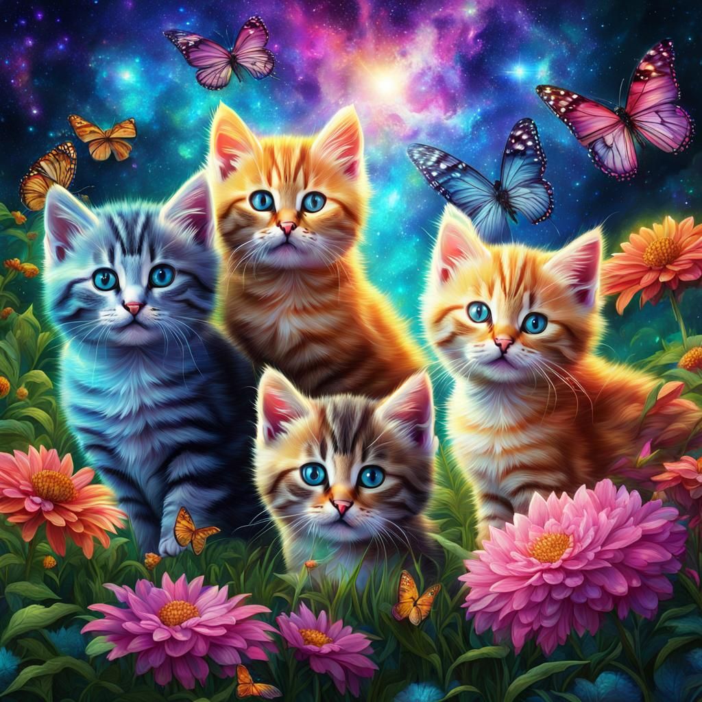 Kittens Playing with Butterflies: Holographic Astral Illustr...