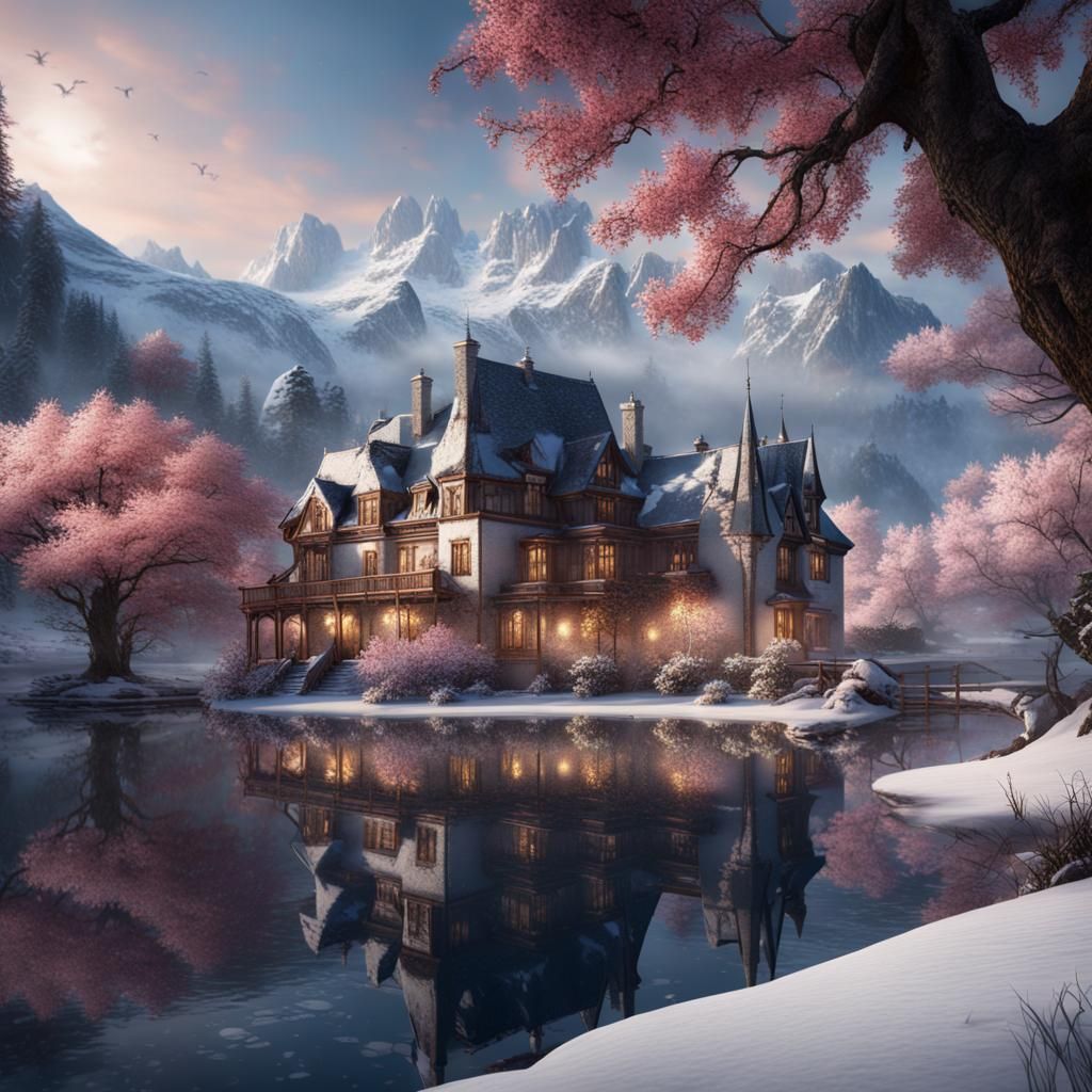 Snowy Manor with Cherry Blossoms, Fantasy Art