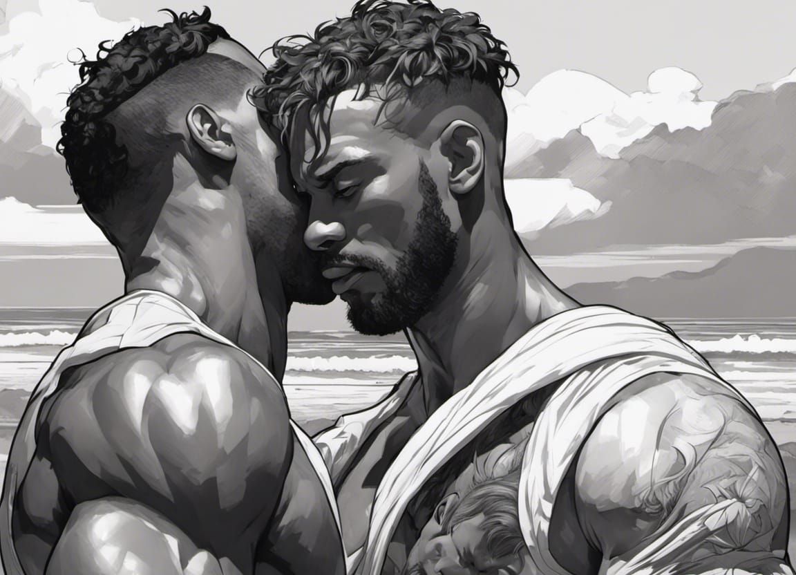 Boxers Embrace on Beach in Detailed Black and White