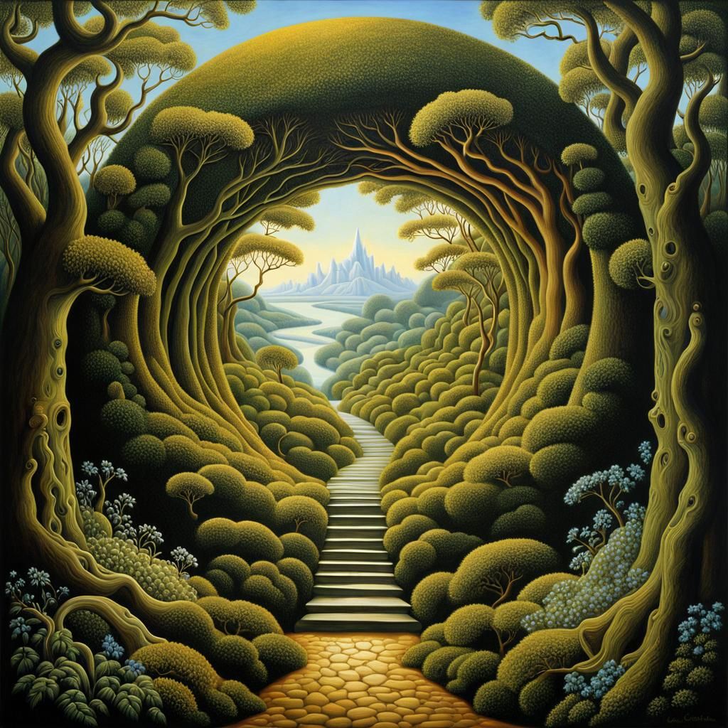 Scenes within Scenes --- walking through the woods into a portal of imagination fantasy hyperdetailed surrealism Salvado...