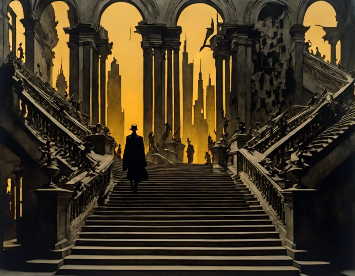 Surreal Dystopian Stairway with Robots in Cinematic Style