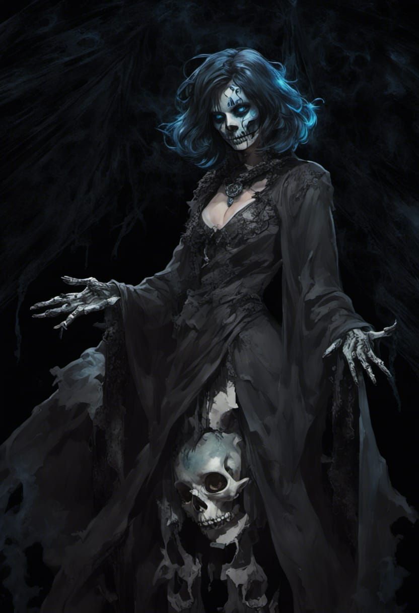 Necromancer Woman with Skeletons in Gothic Horror Style
