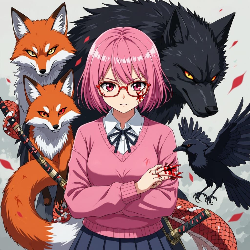 Anime Girl Protected by Mythical Creatures in Manga Style