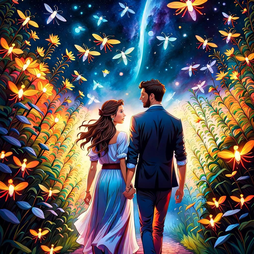 Glowing Fireflies Over Couple: Dramatic Digital Painting