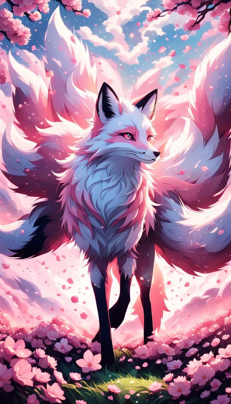 Anime Fox in Sakura Field at Sunset