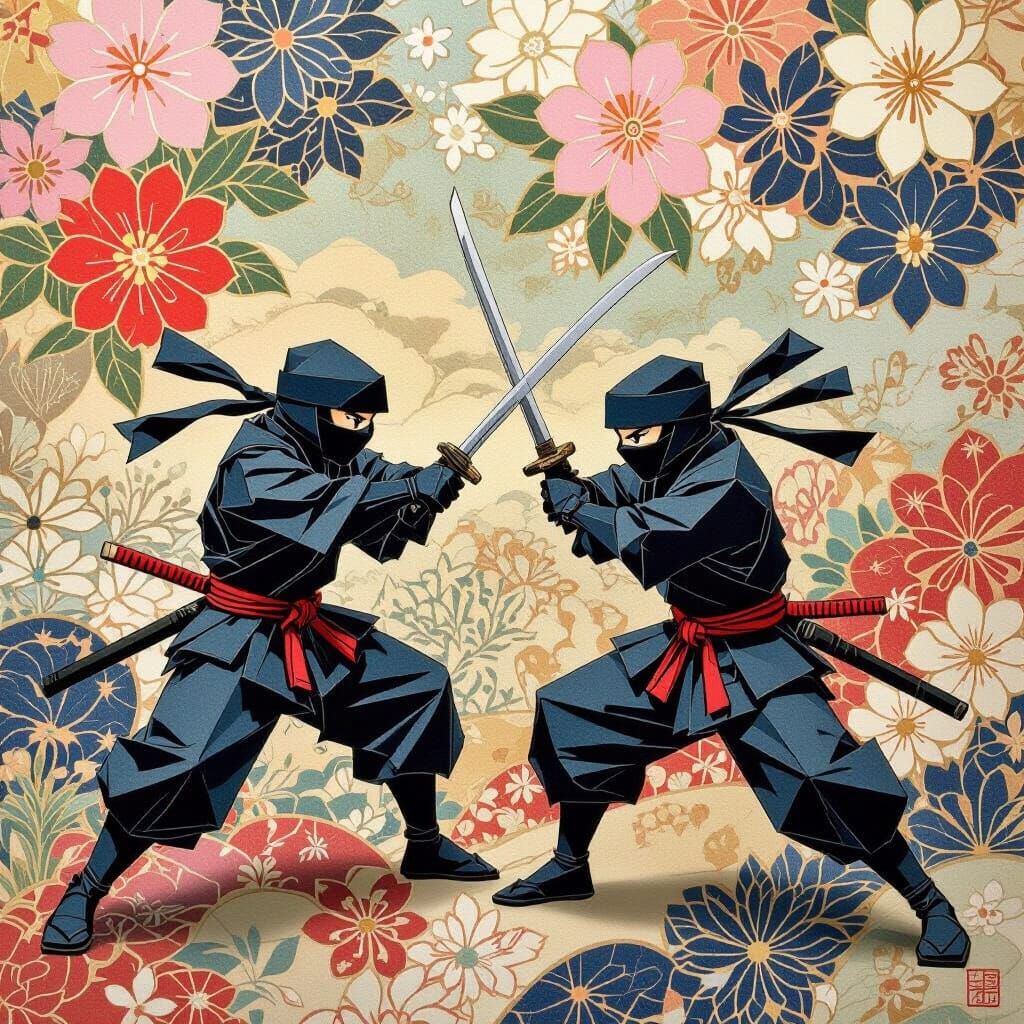 Origami Ninjas Battle on Chiyogami Paper