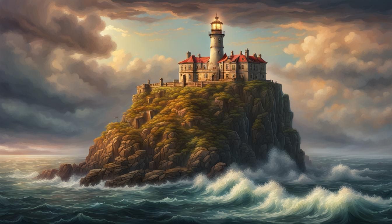 Ornate Lighthouse Castle Overlooking Regal Sea