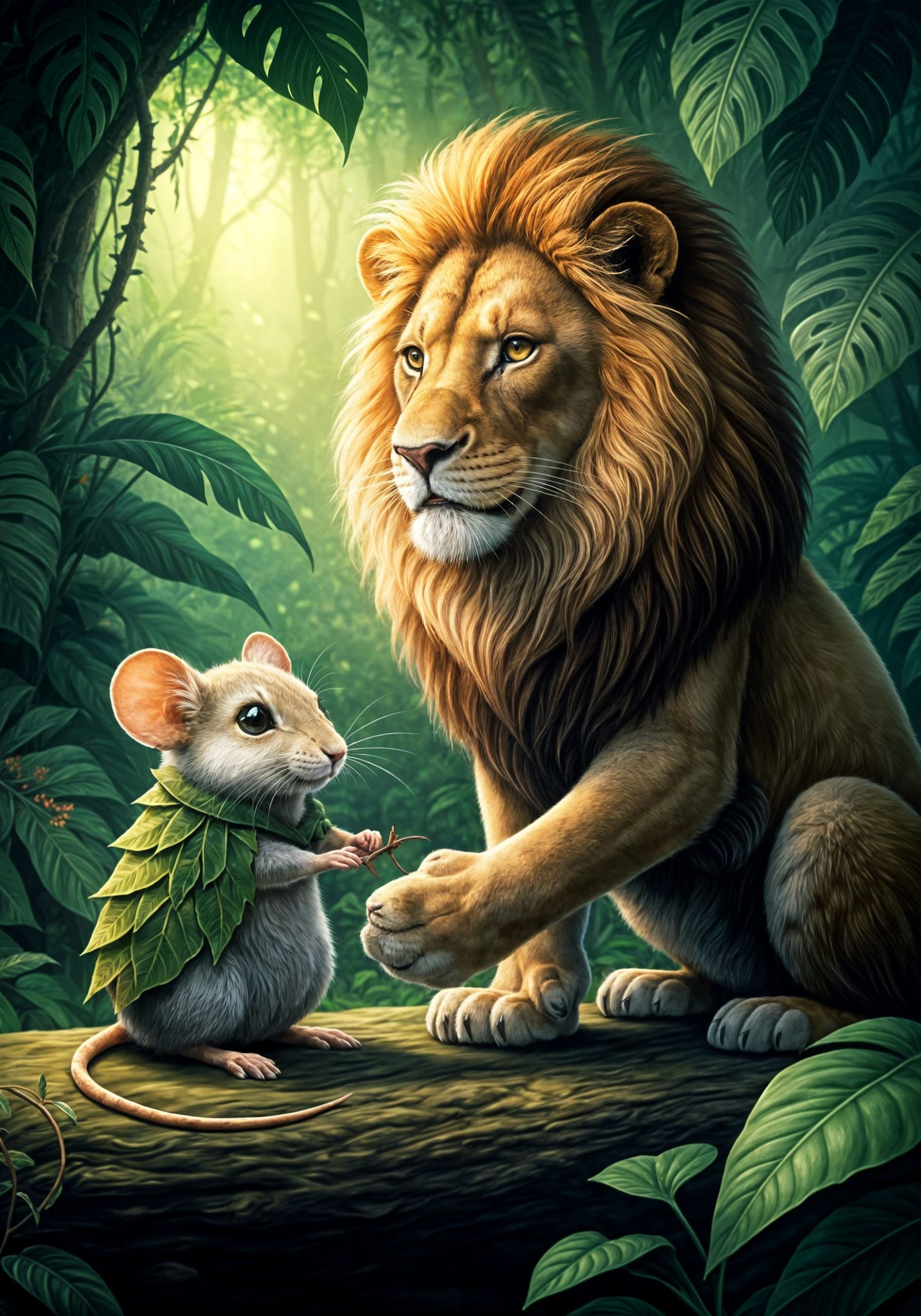 Kind Mouse Helps Lion in Jungle: Airbrush Art