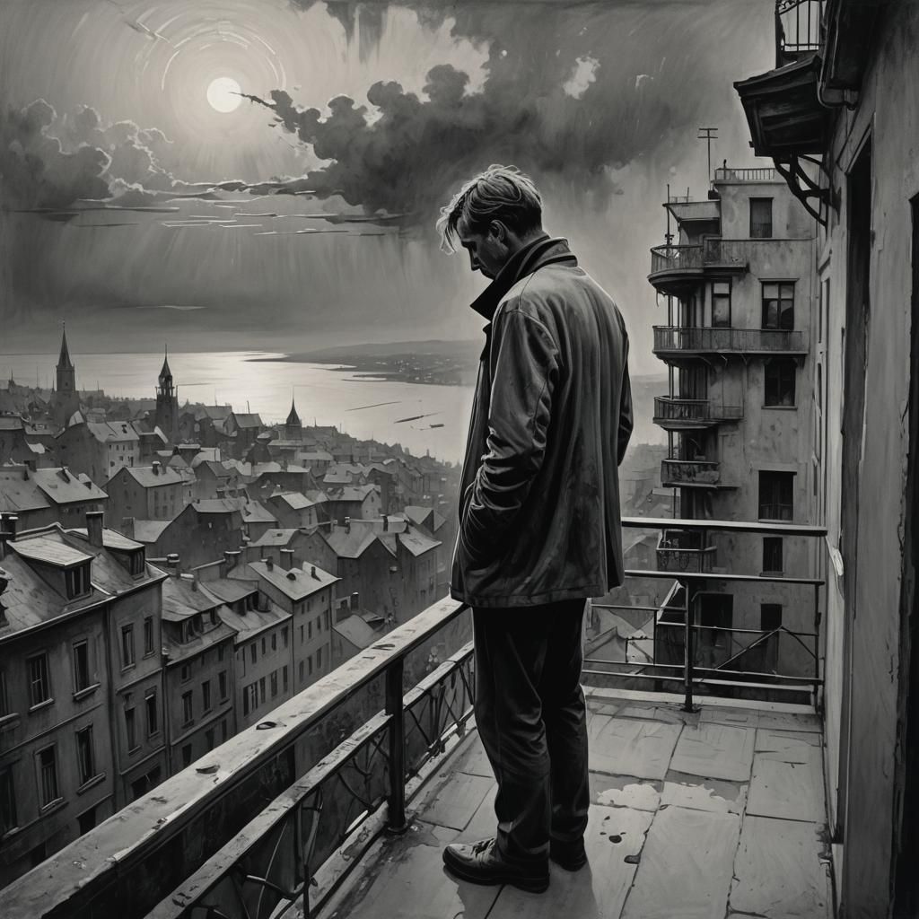 Melancholic Man Fades Away on Balcony