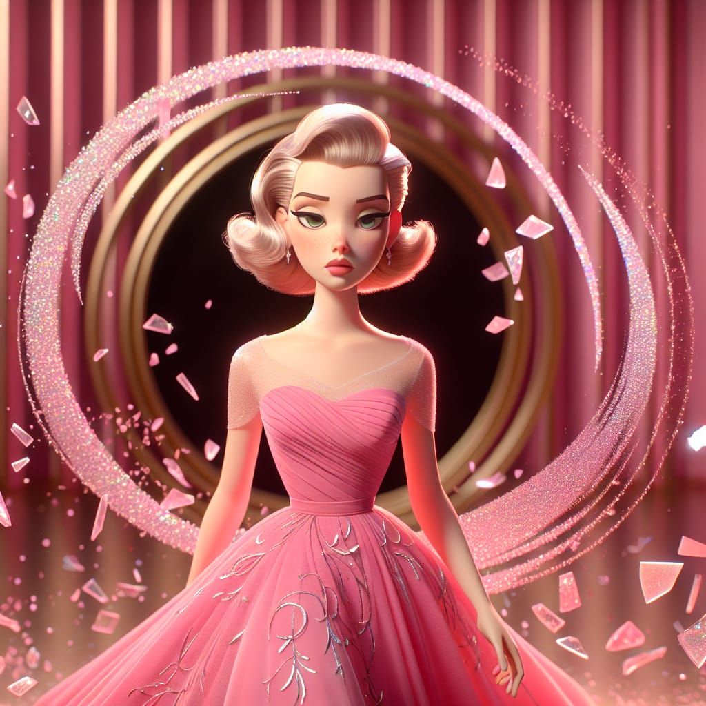 Disney Pixar style 3D beautiful 25 year old woman, expression of melancholy, wearing a bright pink dress with pale pink ...