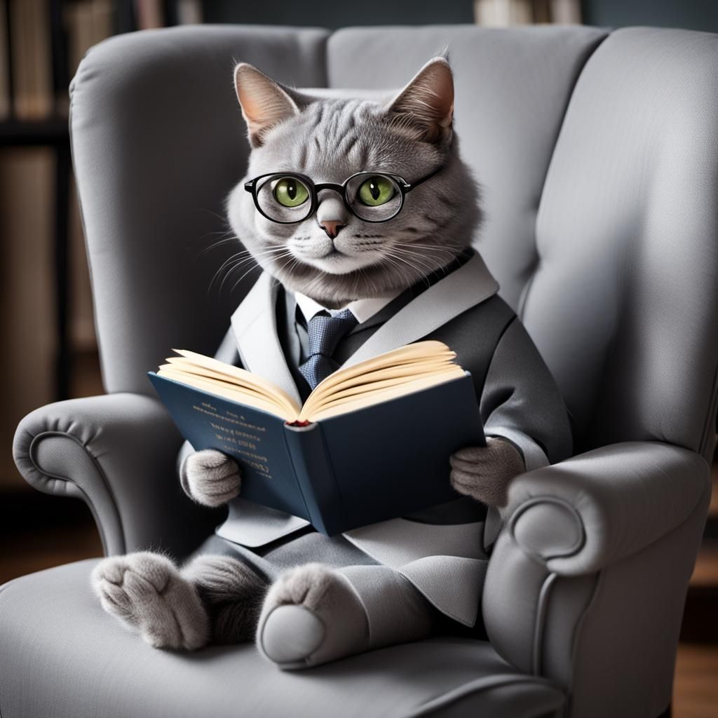 Anthropomorphic Grey Cat Reading a Book