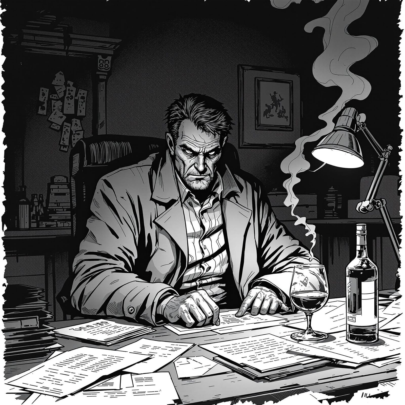 Grizzled Investigator in Dimly Lit Noir Room