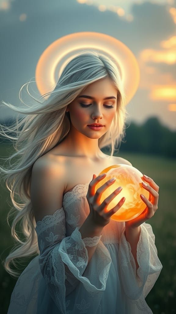 Ethereal Woman with Glowing Orb in Surreal Landscape