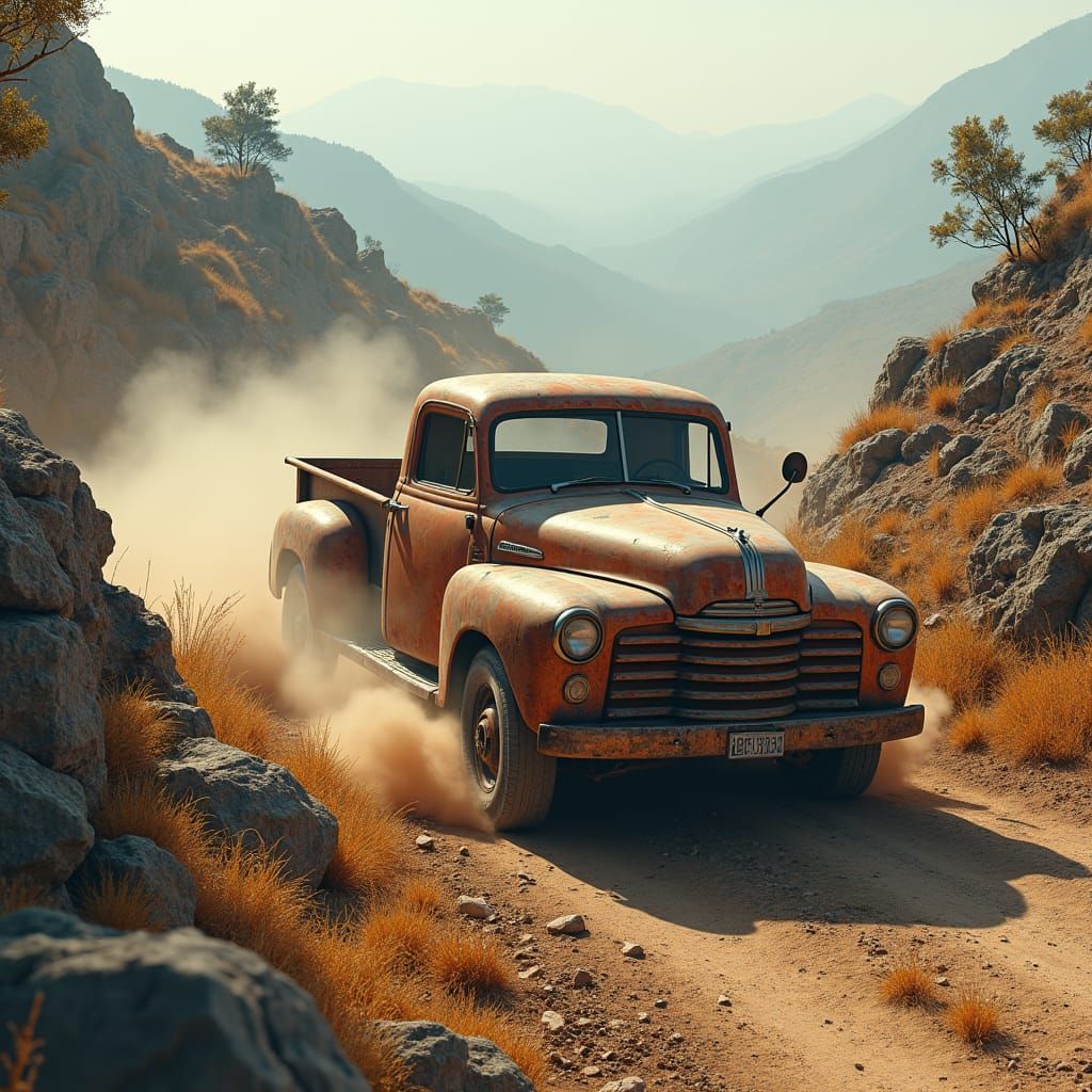 Old Pickup Truck Careening Down Rocky Hillside