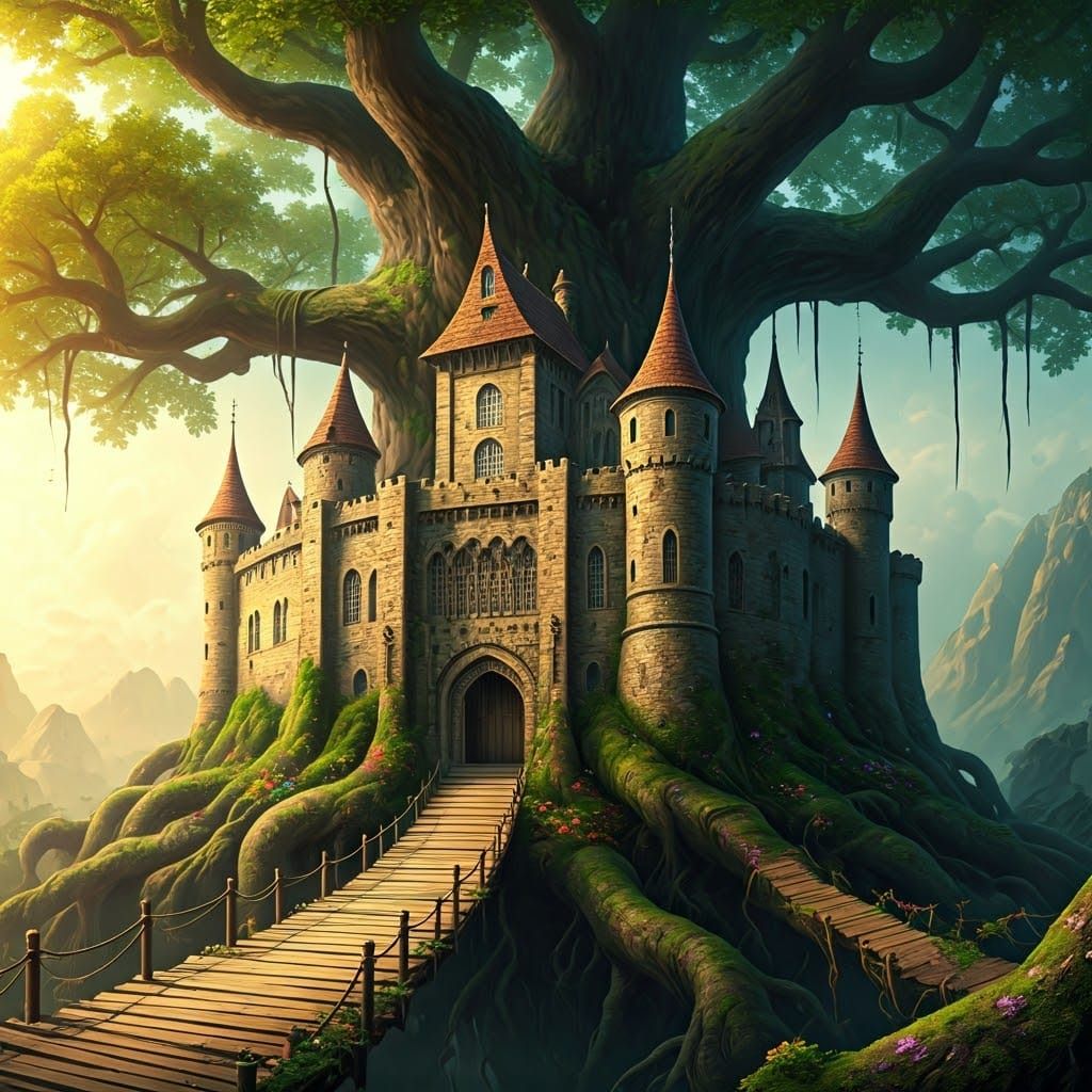 Medieval Castle Entwined with Ancient Tree in Whimsical Styl...