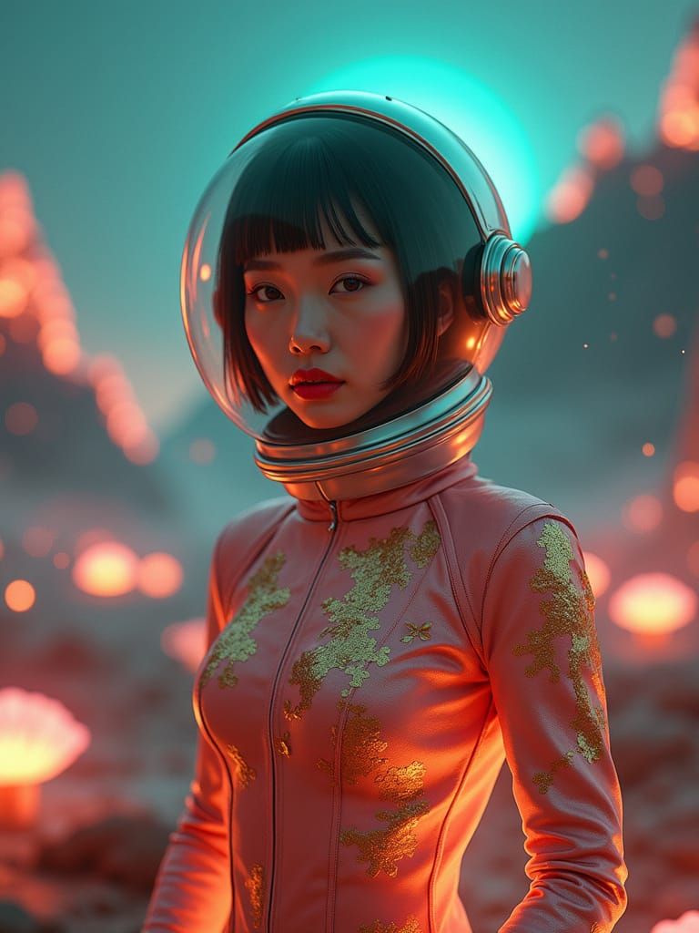 Retro Asian Astronaut in Rose-Orange Suit