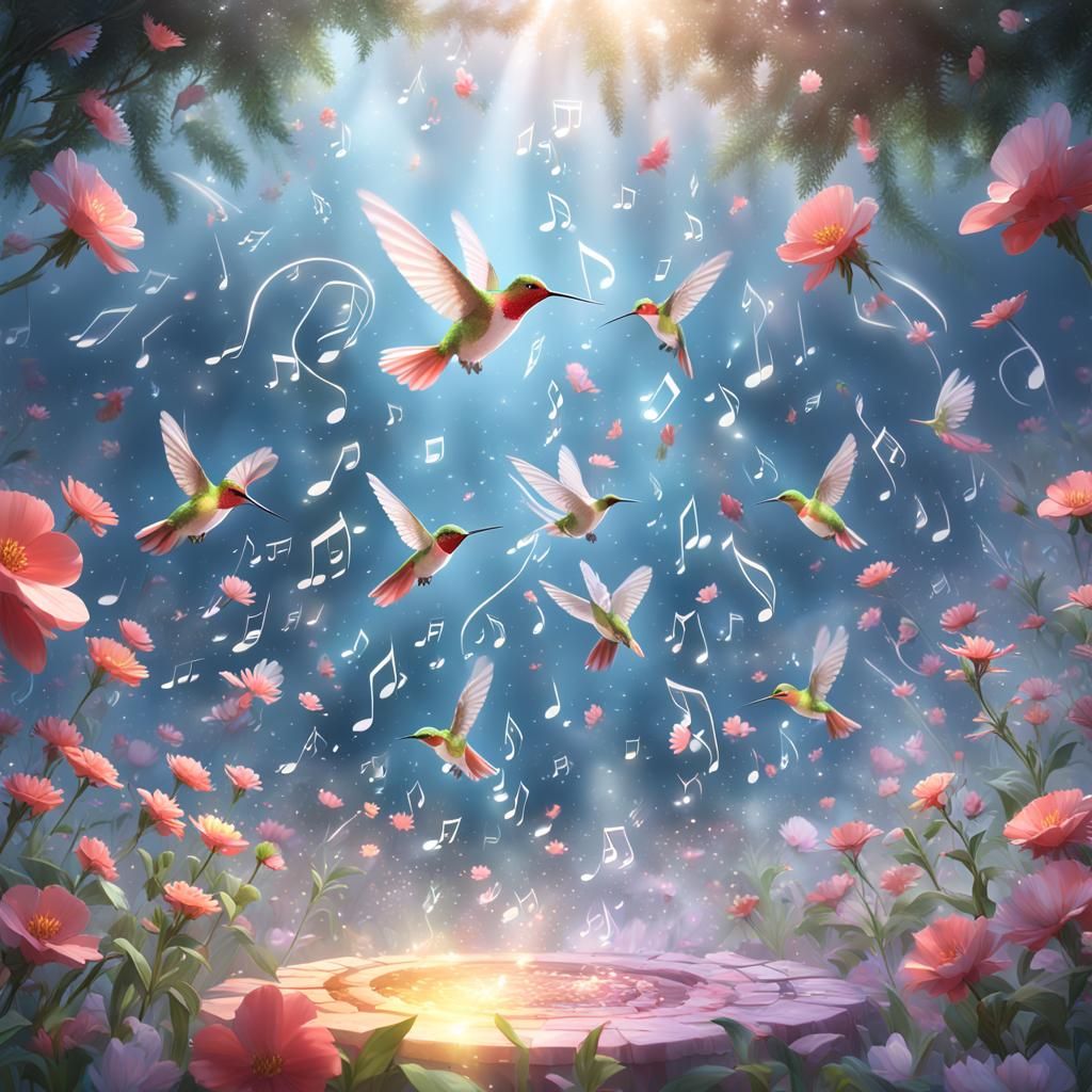 Hummingbird Conducting Flower Choir with Musical Notes