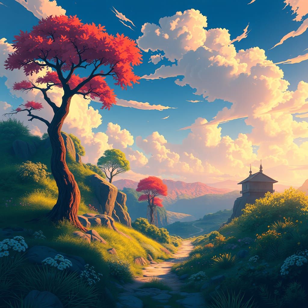 Ghibli-Inspired Anime Landscape in Vibrant Shinkai Style