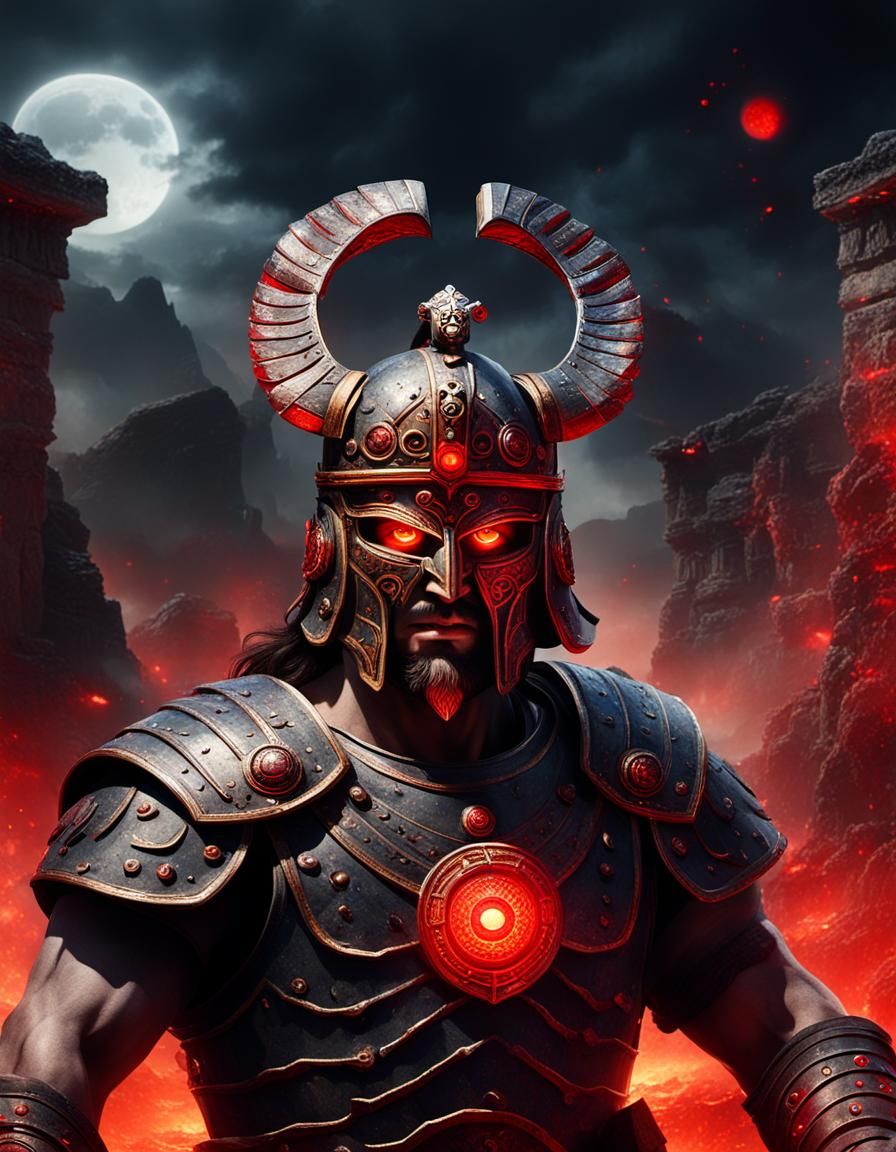Roman War God with Red Eyes in Battle