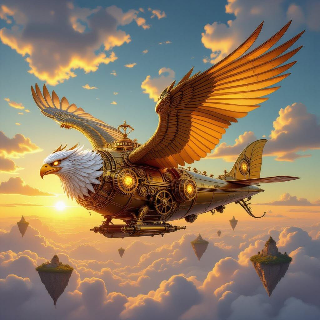 Steampunk Griffin Airship Soaring in Whimsical Sky