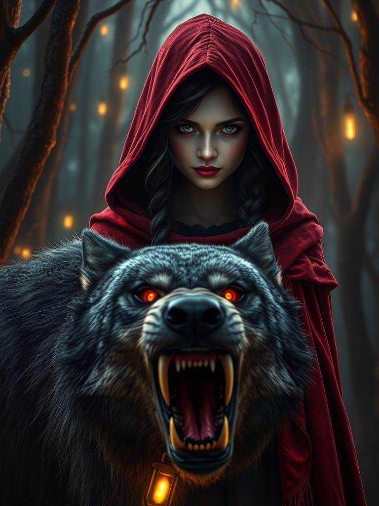 Gothic Little Red Riding Hood Woman Defies the Ferocious Wol...