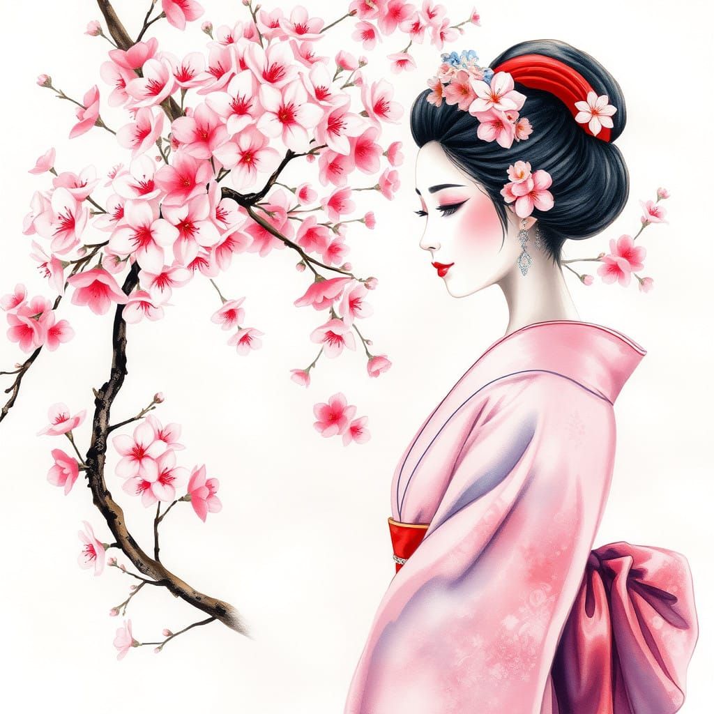 Geisha Amidst Vibrant Blossom Tree in Pastel Watercolour