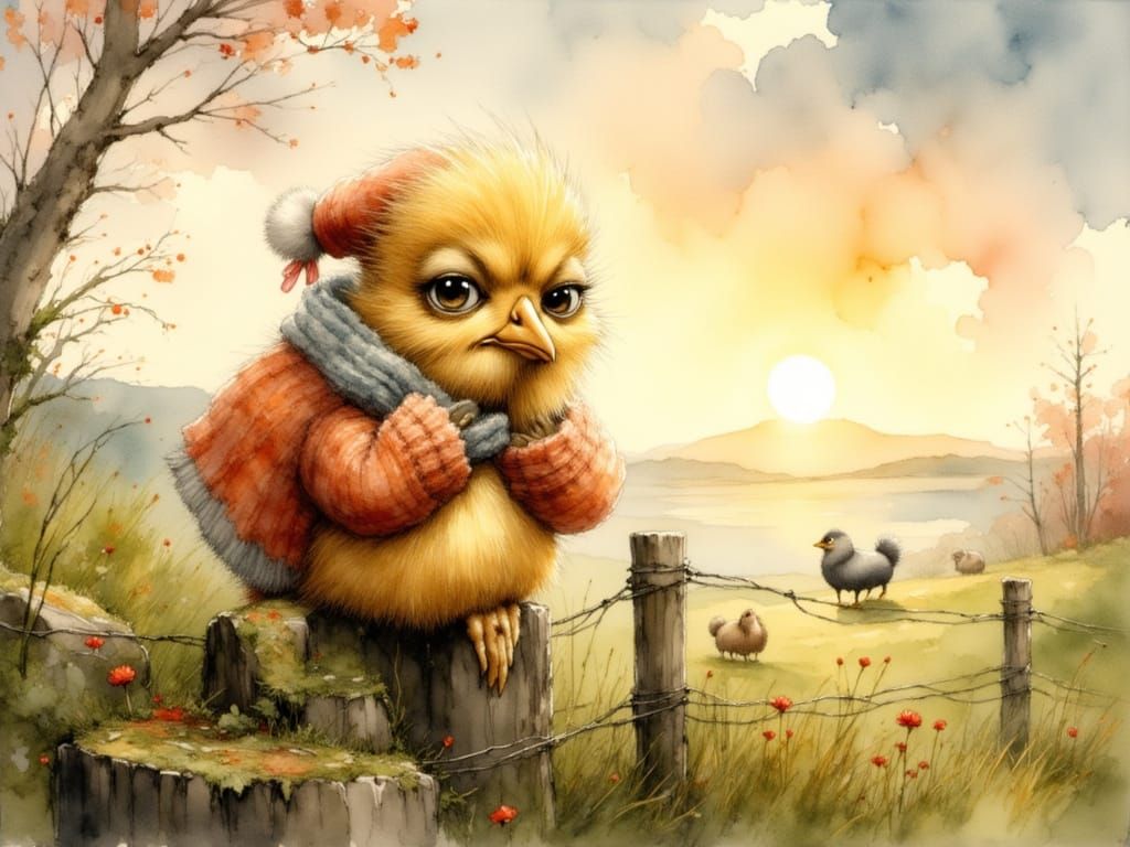 Chick in Sweater Scowls at Sunrise, Watercolor Style