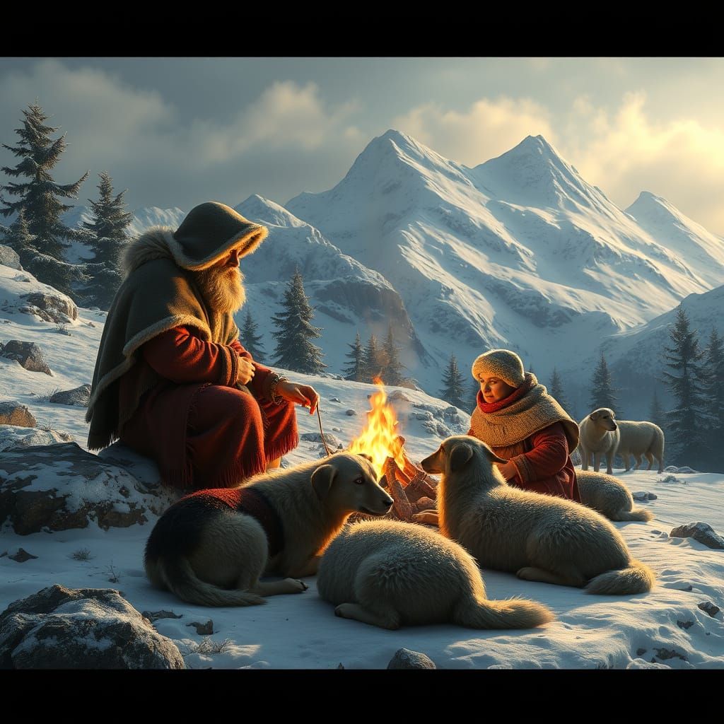 Portuguese Shepherds Huddle Around Cozy Campfire in Snowy Mo...