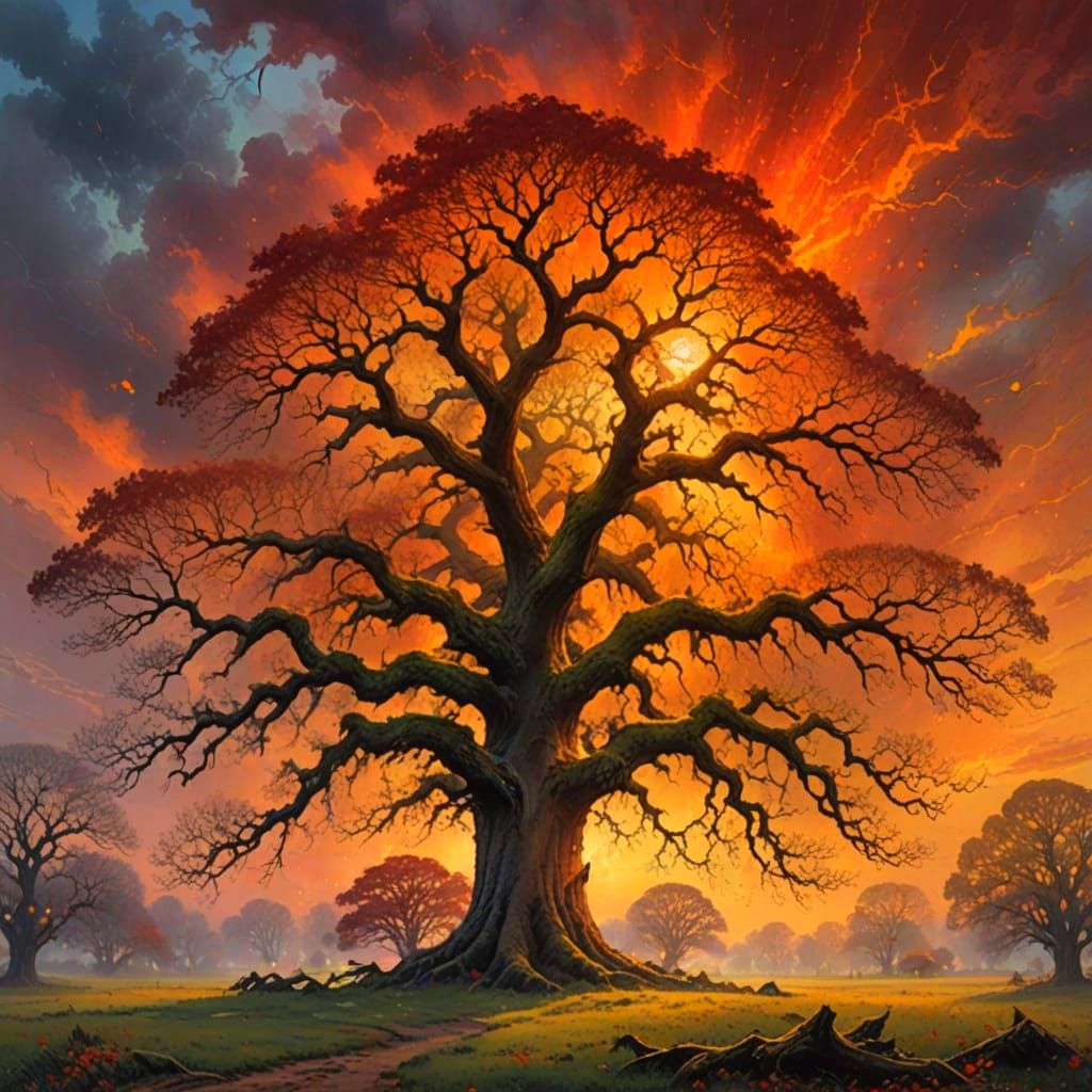 Majestic Oak Tree Ablaze: Ethereal Fantasy Landscape