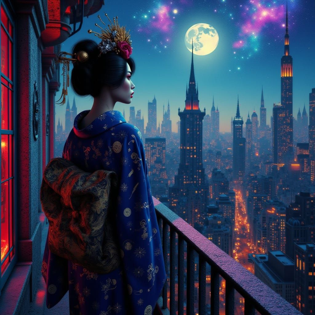 Geisha on Balcony Overlooking Gothic Cityscape in Moonlight