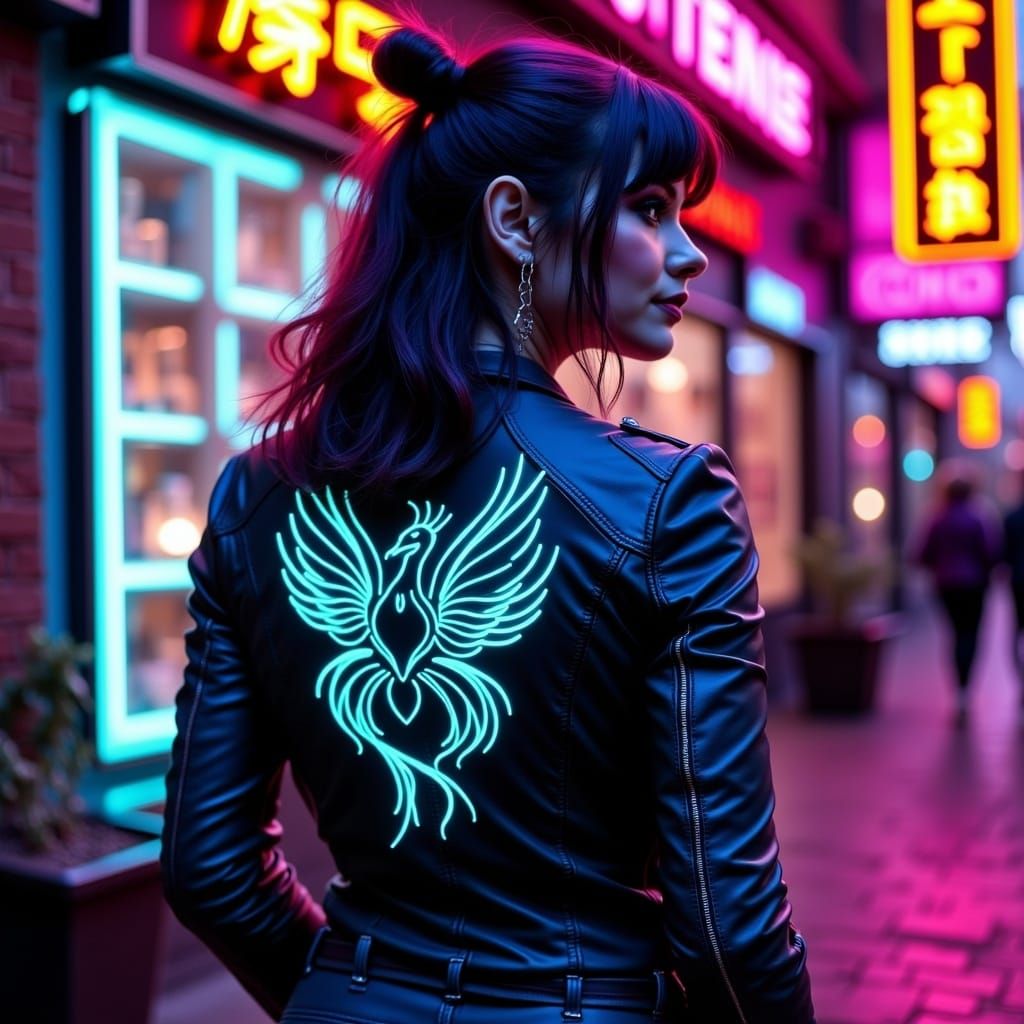Neon Phoenix: Bioluminescent Tattoos in Cyberpunk Cityscape