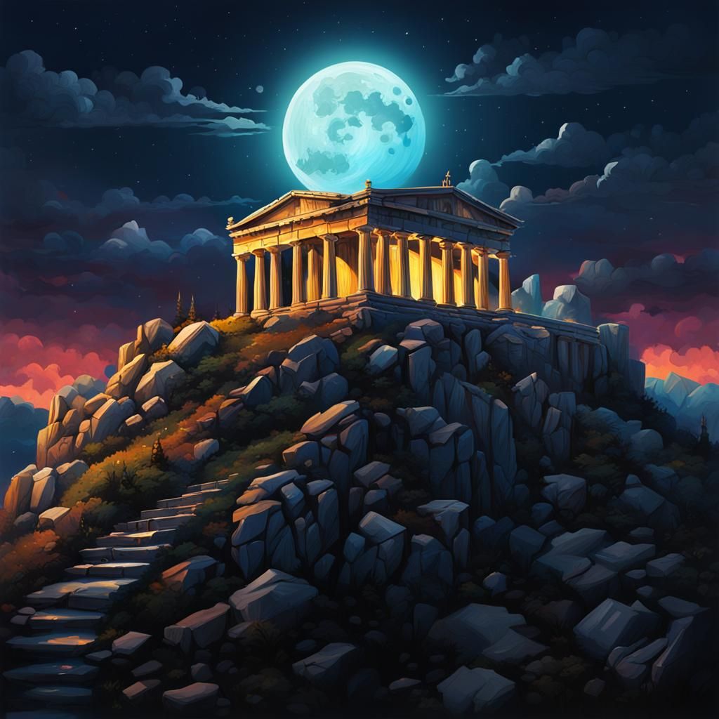 Greek Temple on Mountain in Graffiti Art Style