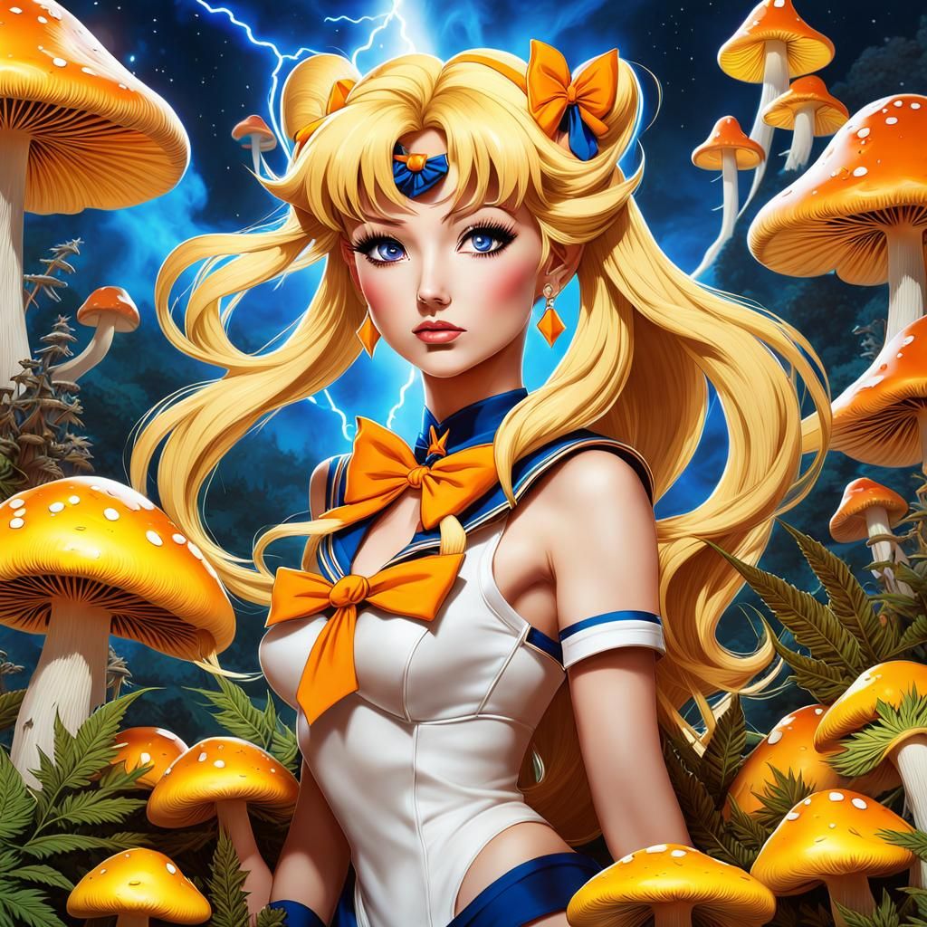 Sailor Venus in a Whimsical Mushroom Landscape