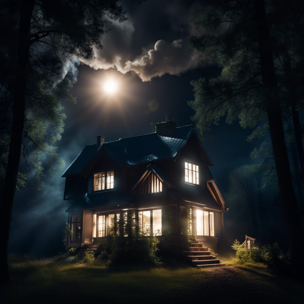 Ethereal Moonlight Illuminates House in Woods