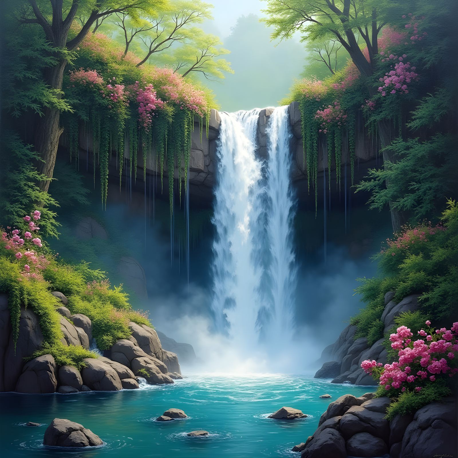 Whimsical Waterfall Transforms into a Lush Garden in Oil Pai...