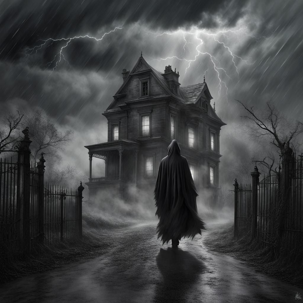 Eerie Reaper in Thunderstorm: Gothic Horror Art
