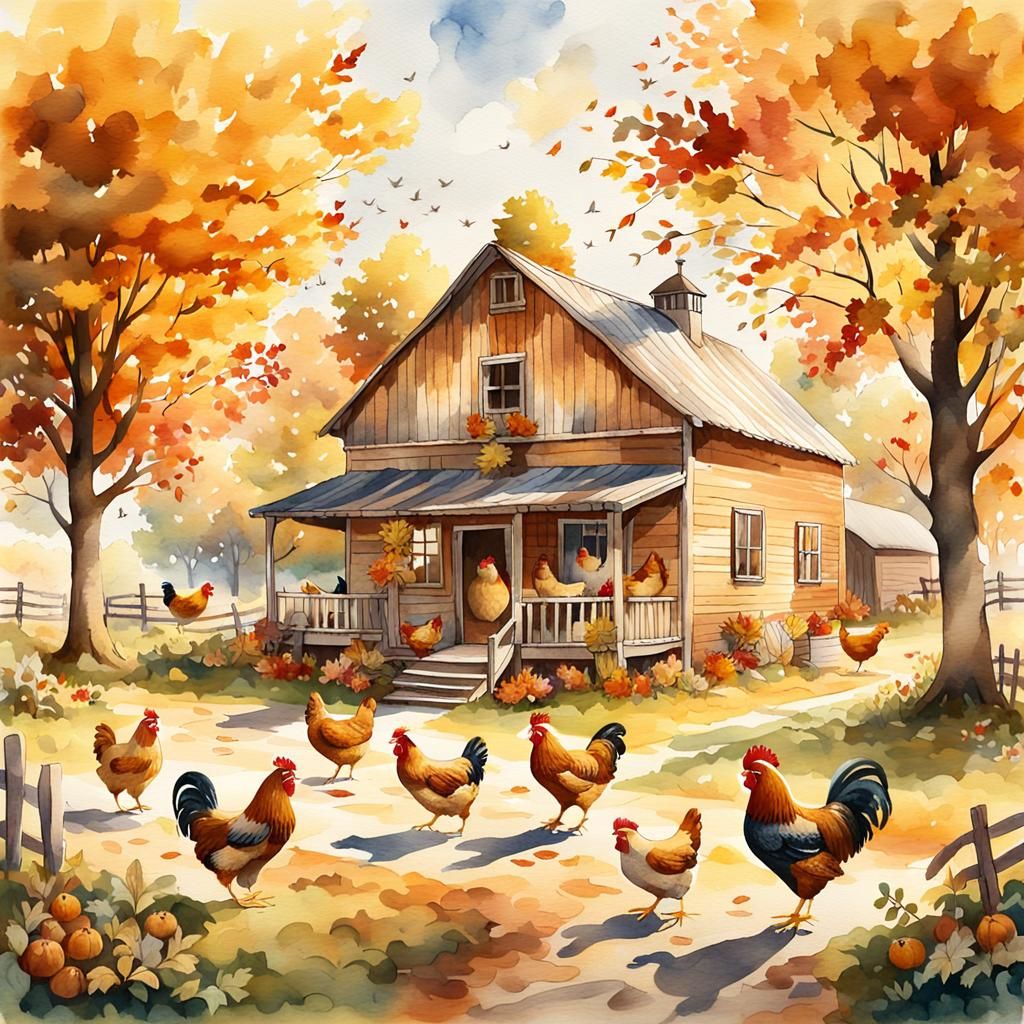 Chickens in Rustic Farmyard on First Day of Fall