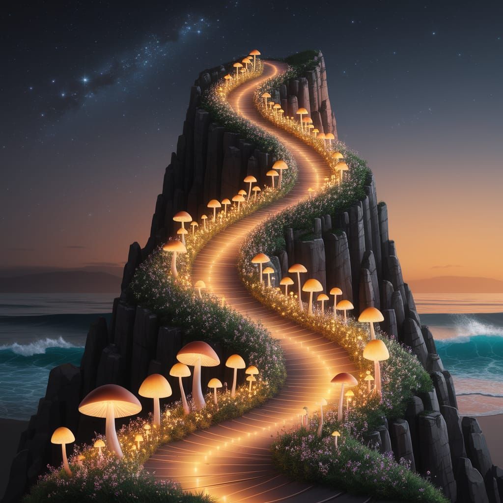 Luminous Cliffside Pathway Under Starlit Night Sky