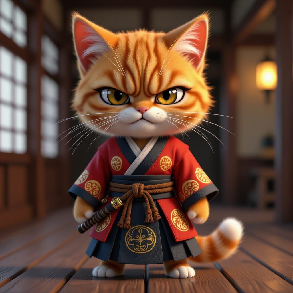 Chibi Cat Warrior in Japanese Robes: Animated Style