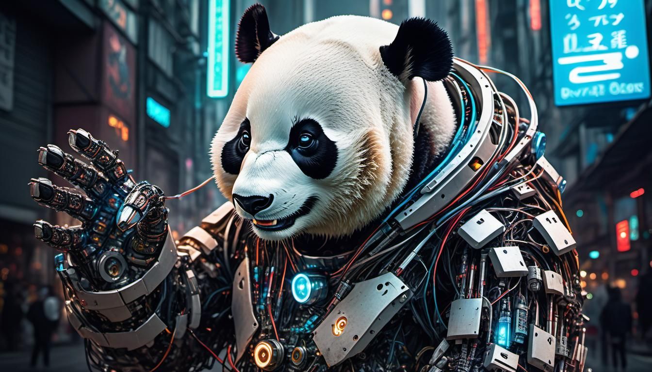 Cybernetic Panda Bear in Shanghai, Digital Illustration
