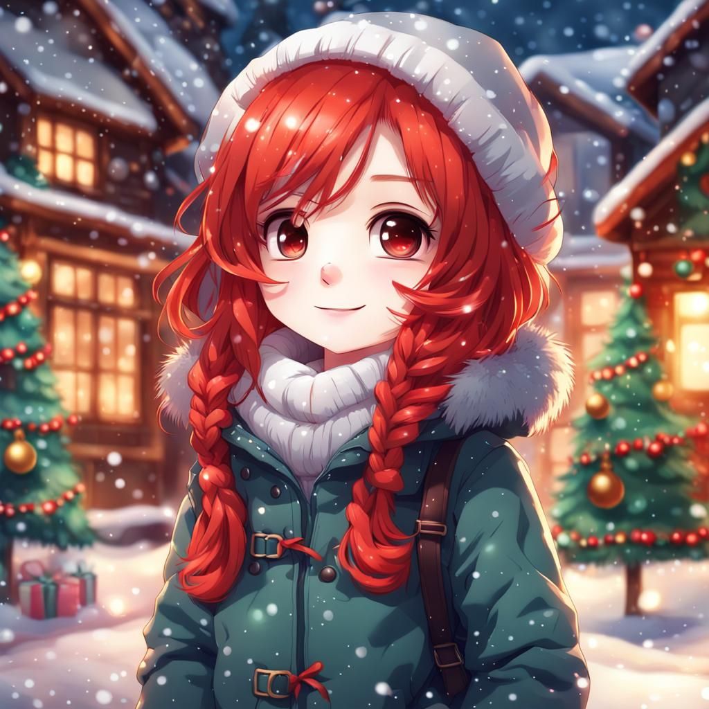 Cute Chibi Girl with Red Hair in Winter Outfit