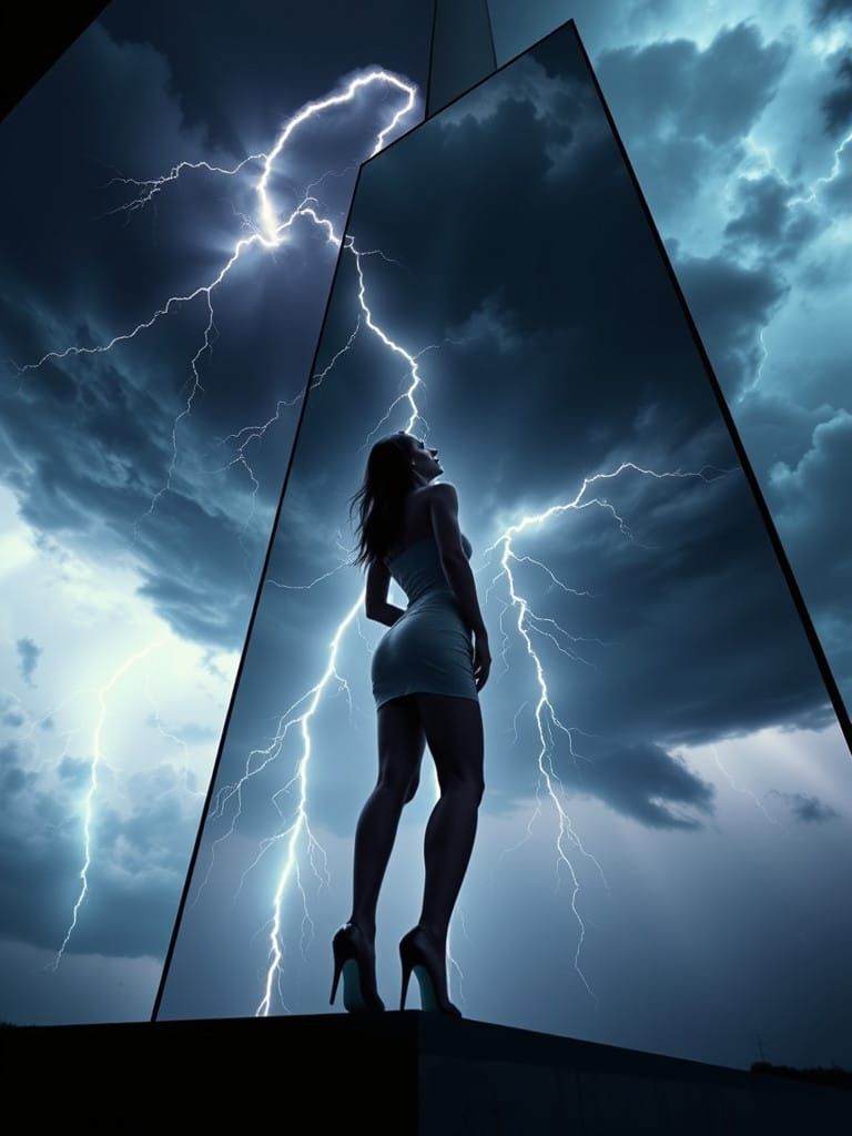 Confident Woman Defies Turbulent Storm in Moody Fashion Port...