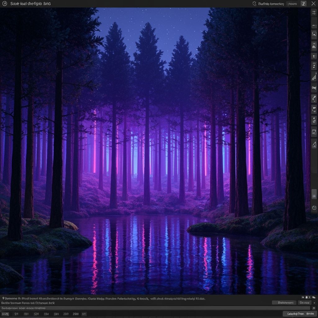 Night Forest Pond with Glowing Psychedelic Lights