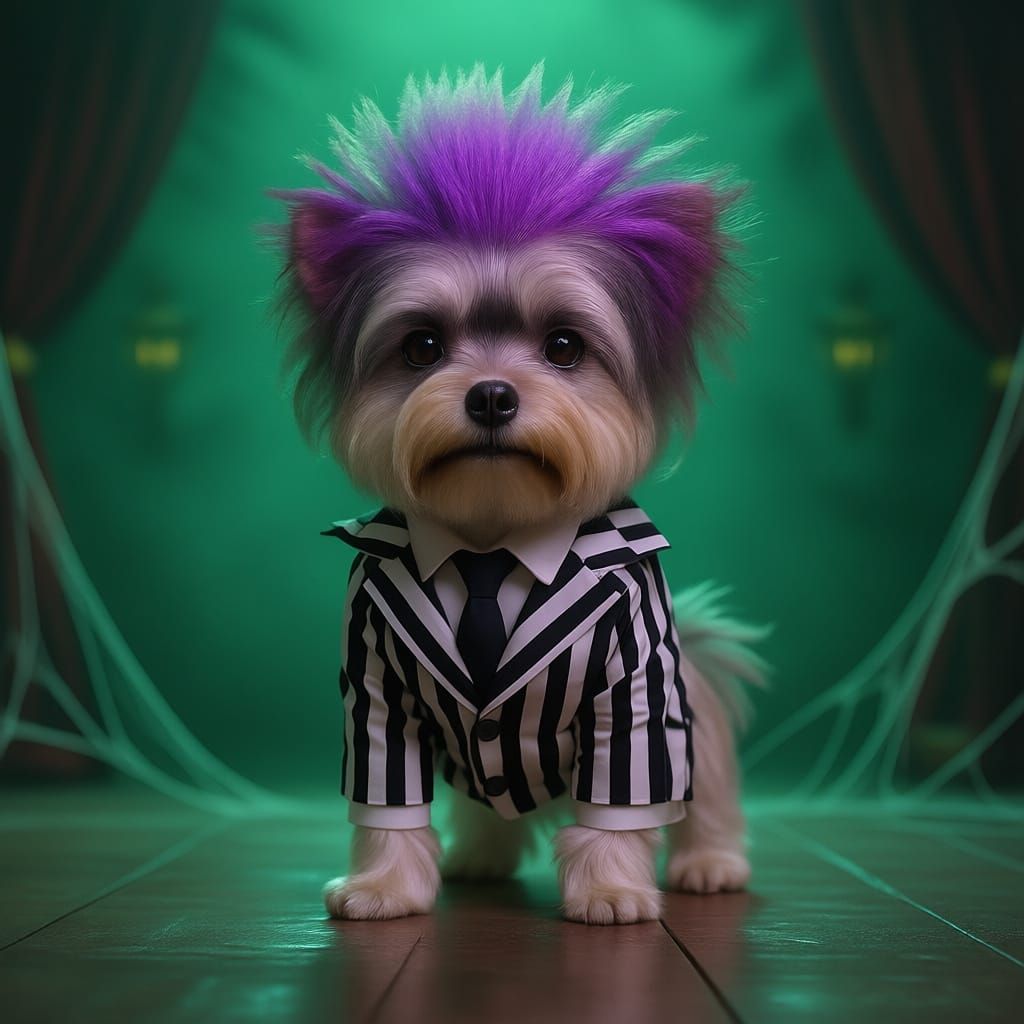 Yorkie Dog Dressed As Beetlejuice